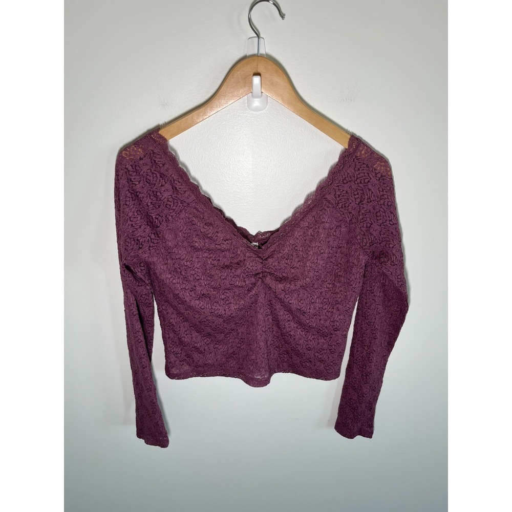 Y2K Whimsigoth Fairy Festival Womens Top L Purple Long Sleeve Lace Sheer Mesh